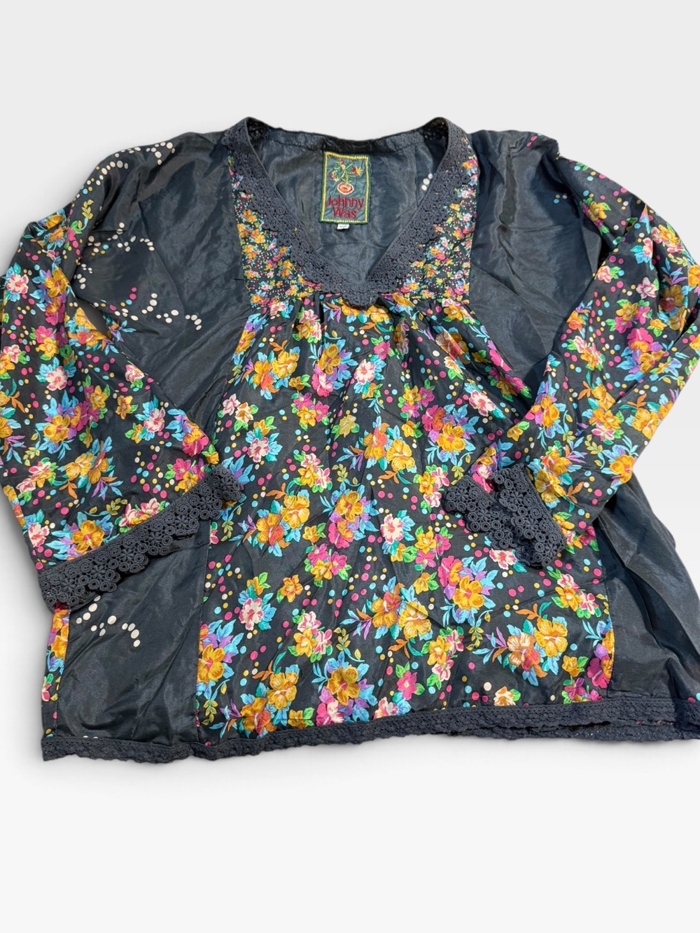 JOHNNY WAS 100% Silk Floral Tunic Lace Trimmed XS